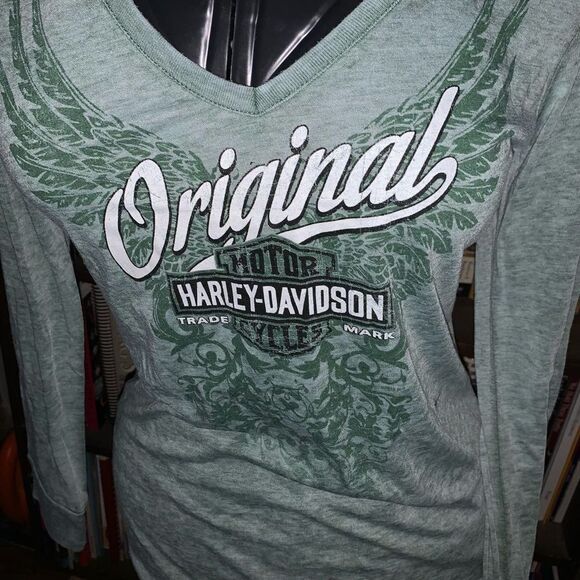Harley-Davidson green wings St Joe MO long sleeve fitted motorcycle tee - Picture 2 of 4